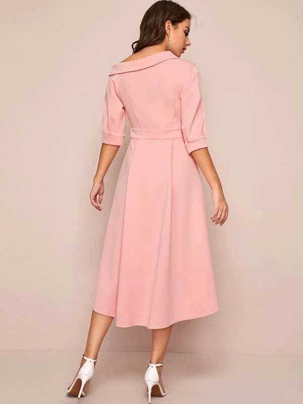 CM-DS102008 Women Elegant Seoul Style Shawl Collar Asymmetrical Neck Flare Dress - Pink