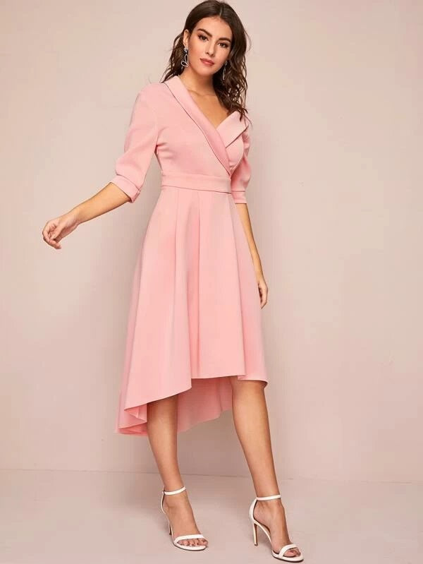 CM-DS102008 Women Elegant Seoul Style Shawl Collar Asymmetrical Neck Flare Dress - Pink