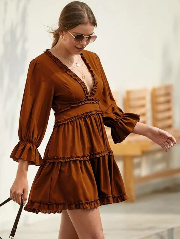 CM-DS116315 Women Casual Seoul Style Long Sleeve Open Back Frill Trim A-Line Dress - Brown