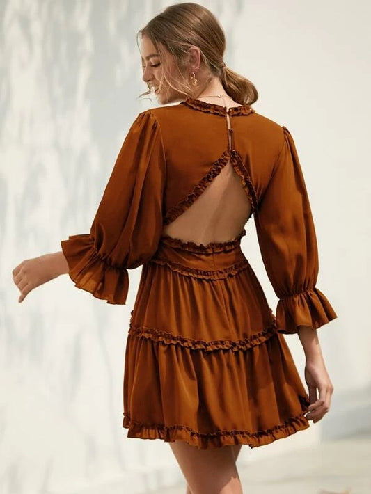 CM-DS116315 Women Casual Seoul Style Long Sleeve Open Back Frill Trim A-Line Dress - Brown