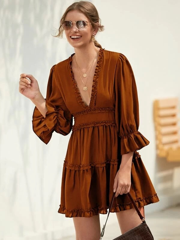 CM-DS116315 Women Casual Seoul Style Long Sleeve Open Back Frill Trim A-Line Dress - Brown
