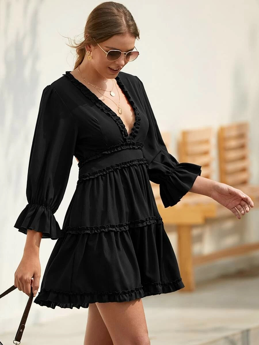 CM-DS116655 Women Casual Seoul Style Deep V-Neck Open Back Frill Trim A-Line Dress - Black