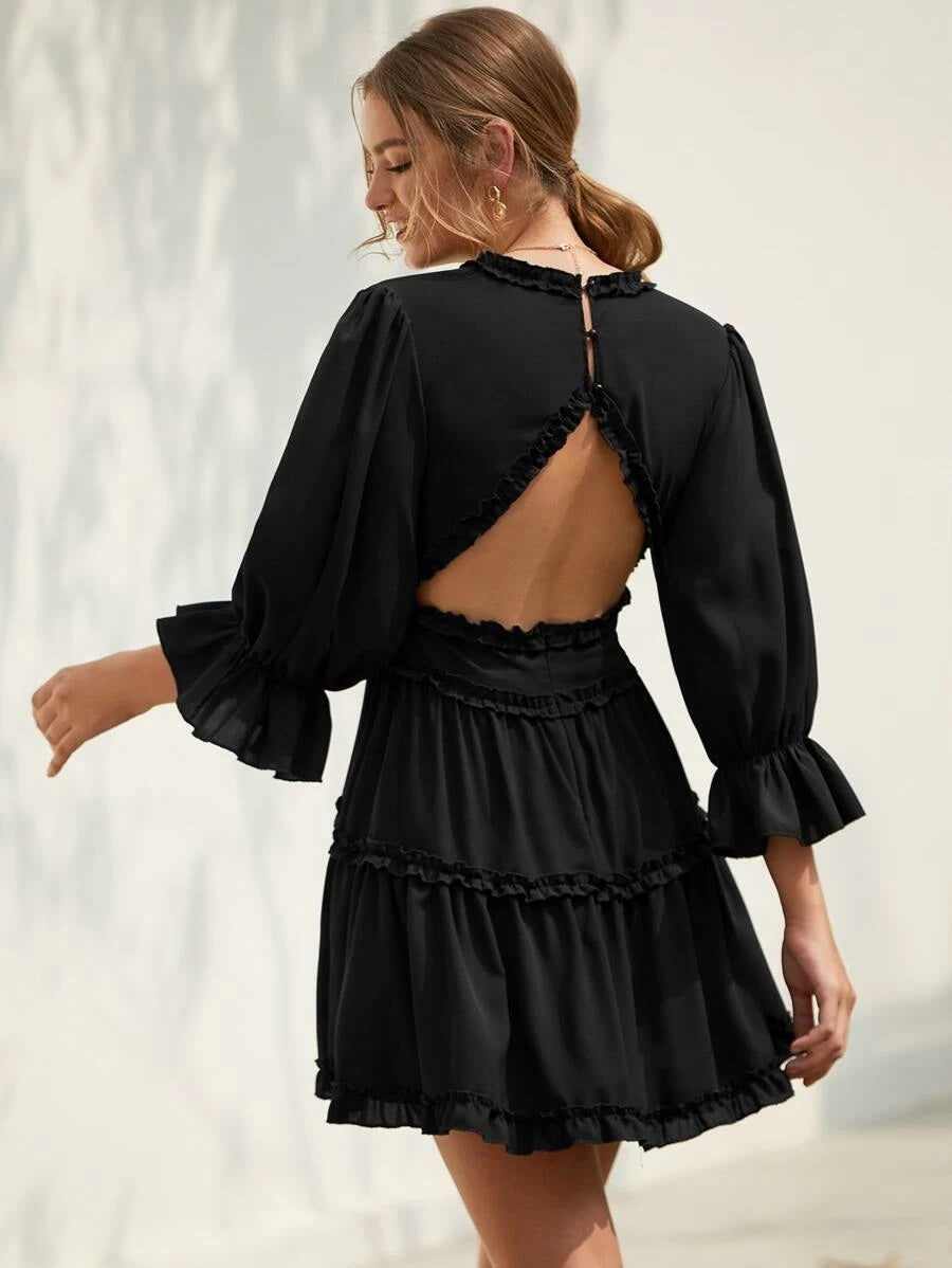 CM-DS116655 Women Casual Seoul Style Deep V-Neck Open Back Frill Trim A-Line Dress - Black