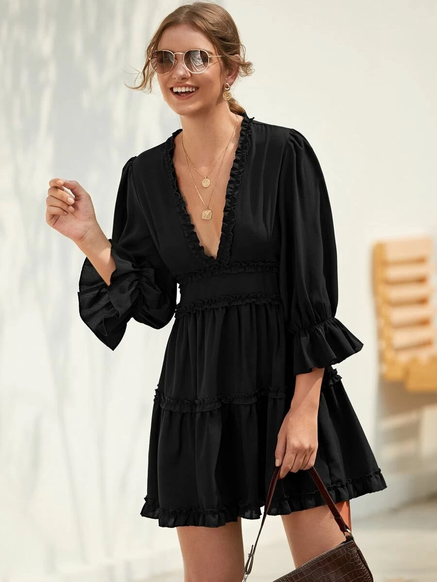 CM-DS116655 Women Casual Seoul Style Deep V-Neck Open Back Frill Trim A-Line Dress - Black