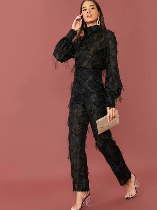 CM-JS029655 Women Elegant Seoul Style Open Back Lantern Sleeve Fuzzy Jumpsuit - Black