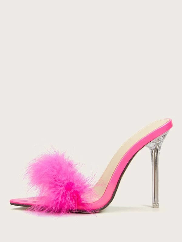 CM-SHS118682 Women Elegant Seoul Style Faux Fur Decor Stiletto Heeled Mules - Pink