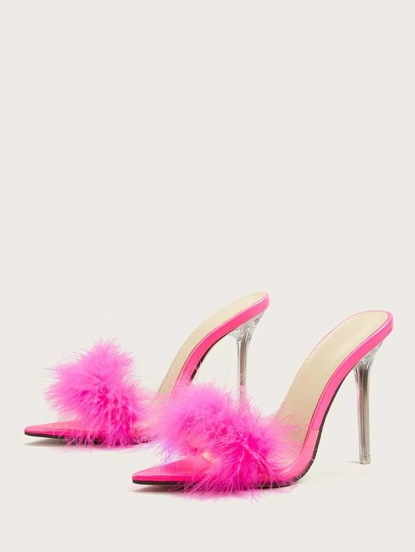 CM-SHS118682 Women Elegant Seoul Style Faux Fur Decor Stiletto Heeled Mules - Pink