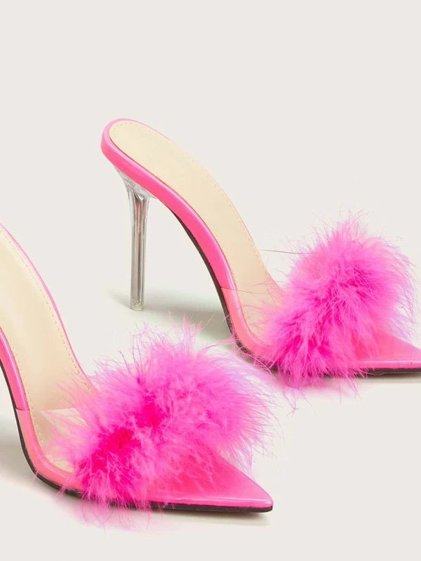 CM-SHS118682 Women Elegant Seoul Style Faux Fur Decor Stiletto Heeled Mules - Pink