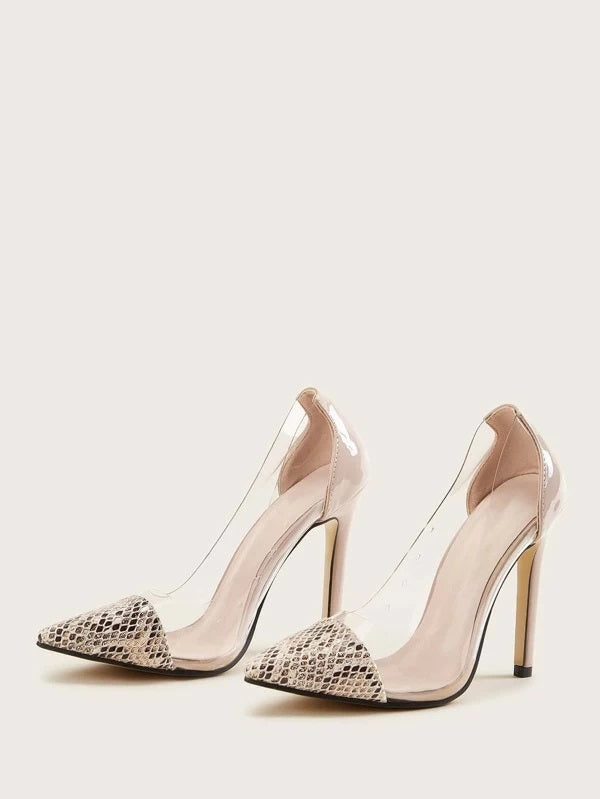 CM-SHS119947 Women Elegant Seoul Style Snakeskin Print Point Toe Stiletto Heels