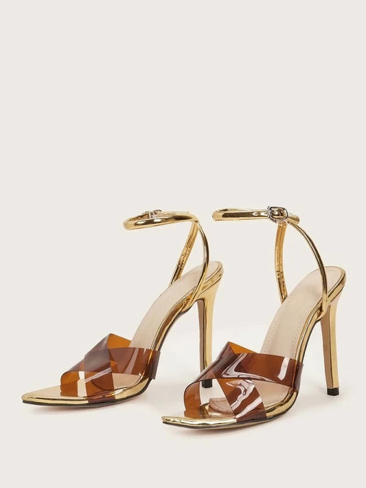 CM-SHS119660 Women Elegant Seoul Style Metallic Open Toe Stiletto Heels - Brown