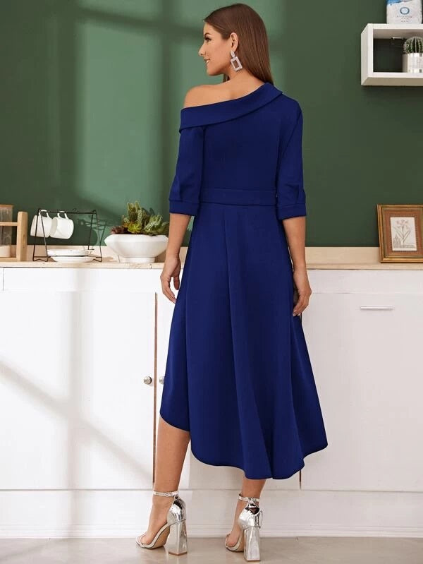 CM-DS102429 Women Elegant Seoul Style Shawl Collar Asymmetrical Neck Flare Dress - Blue