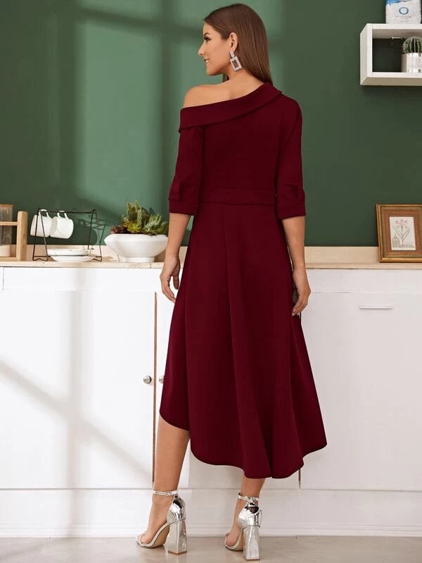 CM-DS102652 Women Elegant Seoul Style Shawl Collar Asymmetrical Neck Flare Dress - Wine Red