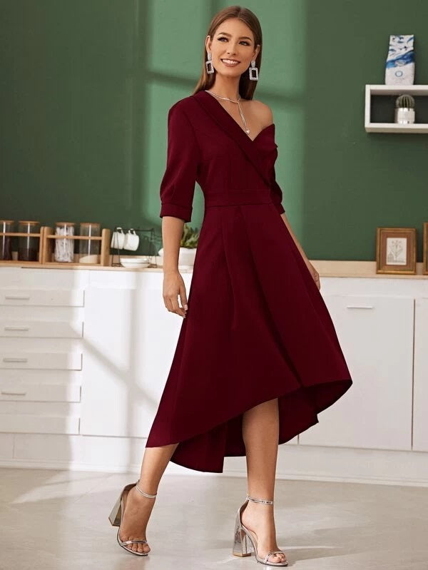 CM-DS102652 Women Elegant Seoul Style Shawl Collar Asymmetrical Neck Flare Dress - Wine Red