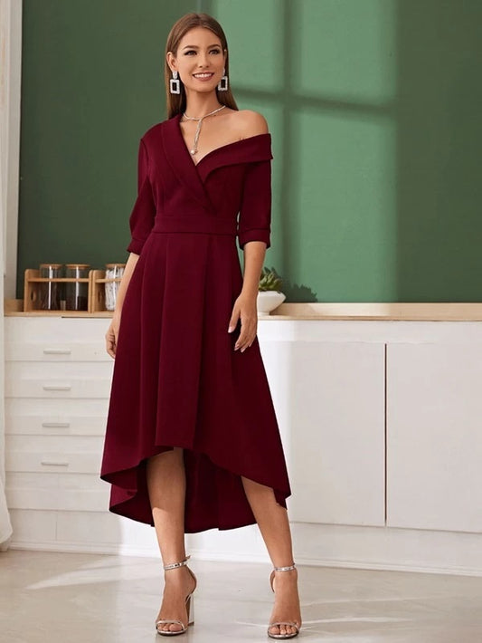 CM-DS102652 Women Elegant Seoul Style Shawl Collar Asymmetrical Neck Flare Dress - Wine Red