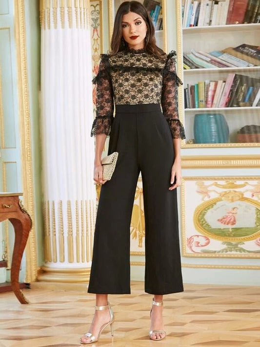 CM-JS018867 Women Elegant Seoul Style Long Sleeve Ruffle Trim Lace Bodice Wide Leg Jumpsuit - Black