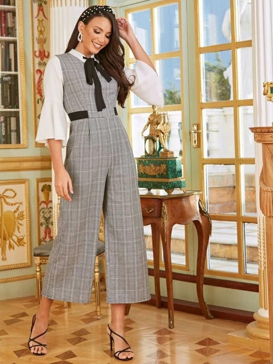 CM-JS026976 Women Elegant Seoul Style Tie Neck Flounce Sleeve 2 In 1 Plaid Palazzo Jumpsuit - Gray