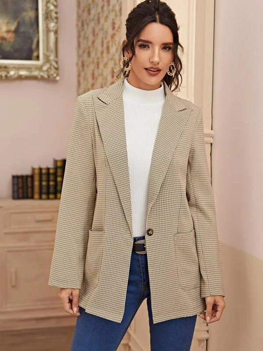 CM-CS119323 Women Elegant Seoul Style Long Sleeve Plaid Lapel Neck Dual Pocket Blazer - Khaki