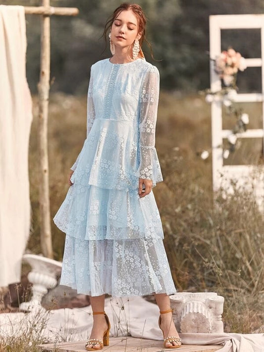 CM-DS120594 Women Elegant European Style Lace Flounce Sleeve Tiered Layer Dress - Blue