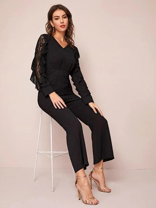 CM-JS120264 Women Casual Seoul Style Long Sleeve Lace Panel Ruffle Trim Flare Leg Jumpsuit - Black