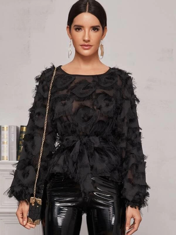 CM-TS121266 Women Elegant Seoul Style Frayed Detail Belted Sheer Blouse - Black