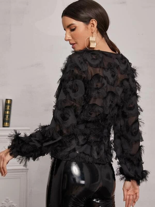 CM-TS121266 Women Elegant Seoul Style Frayed Detail Belted Sheer Blouse - Black