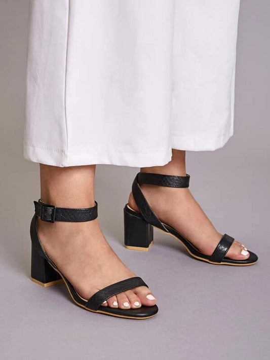 CM-SHS121320 Women Trendy Seoul Style Snakeskin Print Ankle Strap Chunky Heels - Black