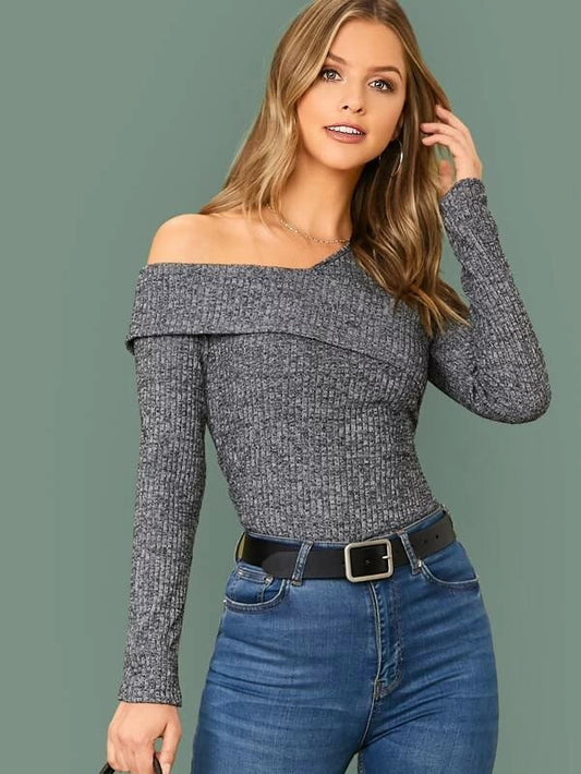 CM-TS104376 Women Casual Seoul Style Foldover Asymmetrical Neck Rib-Knit Marled Top