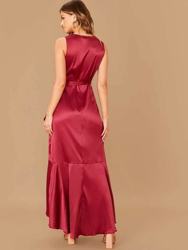 CM-DS022405 Women Elegant Seoul Style Wrap Knot Side Ruffle Trim Sleeveless Satin Dress - Wine Red