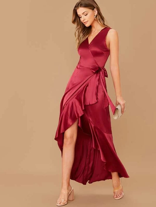 CM-DS022405 Women Elegant Seoul Style Wrap Knot Side Ruffle Trim Sleeveless Satin Dress - Wine Red
