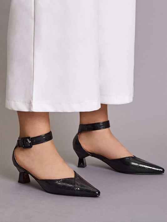 CM-SHS107095 Women Casual Seoul Style Point Toe Croc Ankle Strap Heels - Black