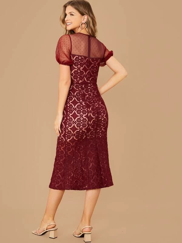 CM-DS024402 Women Elegant Seoul Style Puff Sleeve Mesh Yoke Lace Fishtail Dress - Wine Red