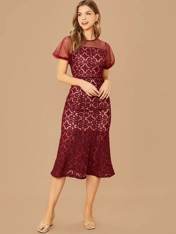 CM-DS024402 Women Elegant Seoul Style Puff Sleeve Mesh Yoke Lace Fishtail Dress - Wine Red
