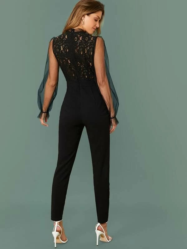 CM-JS105156 Women Elegant Seoul Style Tie Neck Mesh Yoke Lace Bodice Solid Jumpsuit - Black