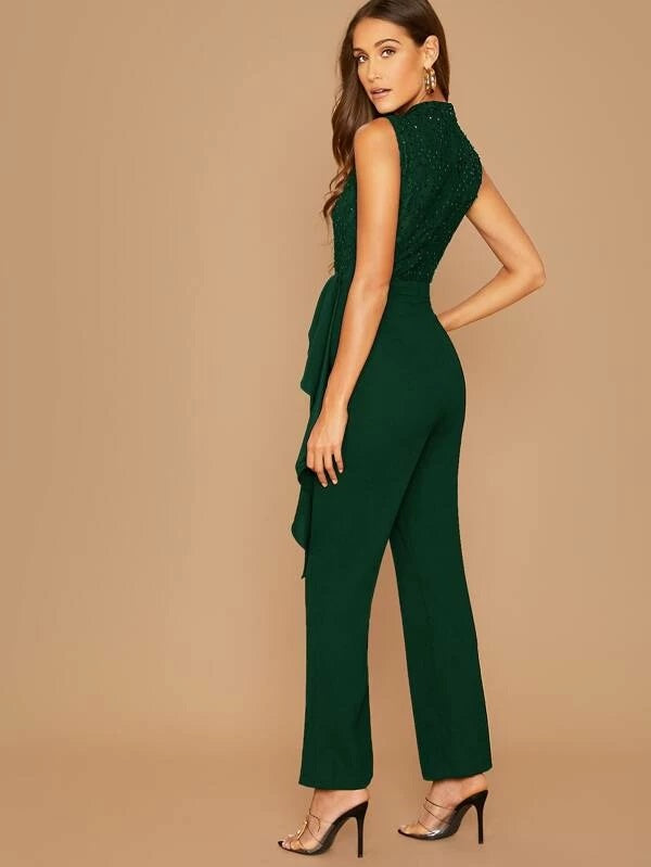 CM-JS106082 Women Elegant Seoul Style Sleeveless Sequin Lace Bodice Ruffle Trim Jumpsuit - Green
