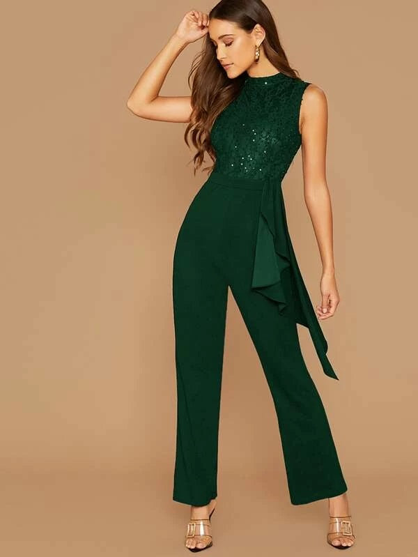 CM-JS106082 Women Elegant Seoul Style Sleeveless Sequin Lace Bodice Ruffle Trim Jumpsuit - Green