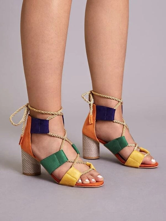 CM-SHS122684 Women Trendy Seoul Style Multi-Color Lace-Up Back Chunky Heels