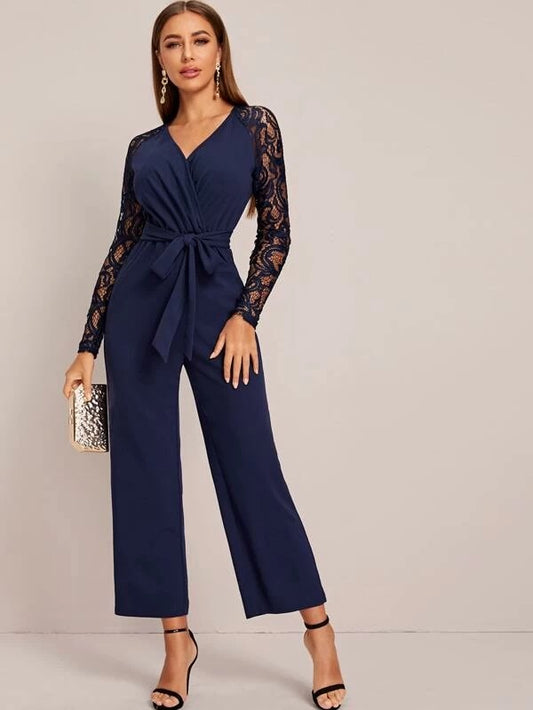CM-JS119391 Women Casual Seoul Style Surplice Neck Self Belted Lace Sleeve Jumpsuit - Navy Blue