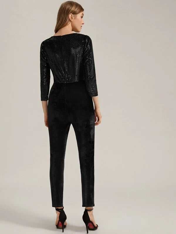 CM-JS115431 Women Elegant Seoul Style Sequin Bodice Seam Front Split Hem Velvet Jumpsuit - Black