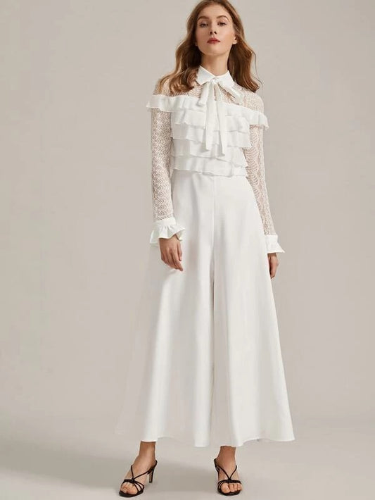 CM-JS001866 Women Elegant Seoul Style Tie Neck Lace Layered Ruffle Super Wide Leg Jumpsuit - White