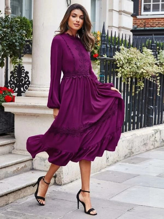 CM-DS917073 Women Elegant Seoul Style Lantern Sleeve Lace Detail Ruffle Hem Flare Dress - Purple