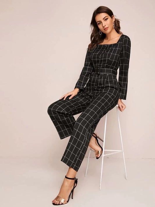 CM-JS123818 Women Elegant Seoul Style Square Neck Plaid Belted Culotte Jumpsuit - Black