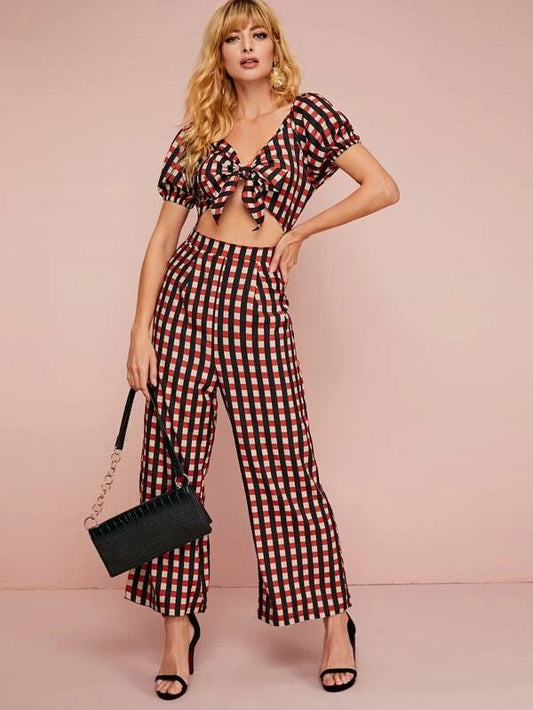 CM-JS123503 Women Trendy Bohemian Style Short Sleeve Tie Front Plaid Wide Leg Jumpsuit