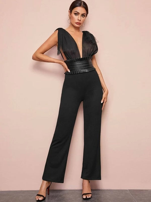 CM-JS123721 Women Elegant European Style Contrast Mesh Bow Detail Frill Jumpsuit - Black