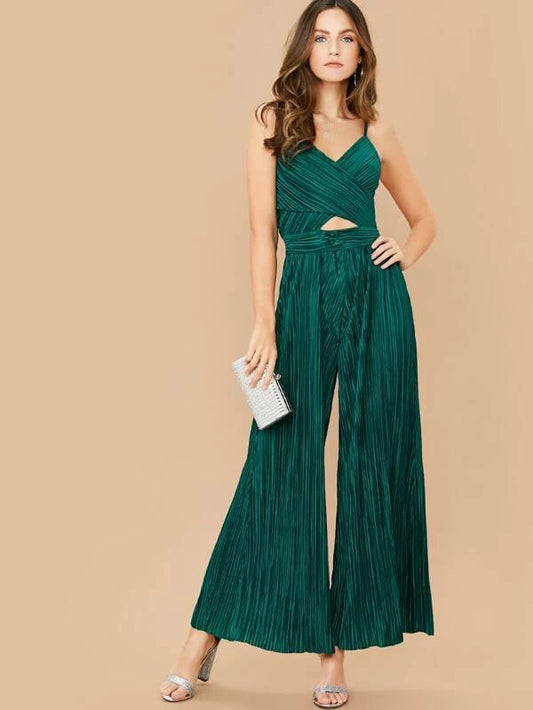 CM-JS112069 Women Elegant Seoul Style Cross Wrap Wide Leg Pleated Peekaboo Slip Jumpsuit - Green
