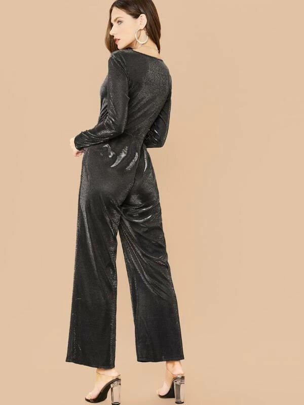 CM-JS112285 Women Elegant Seoul Style Plunge Neck Twist Front Wide Leg Glitter Jumpsuit - Black