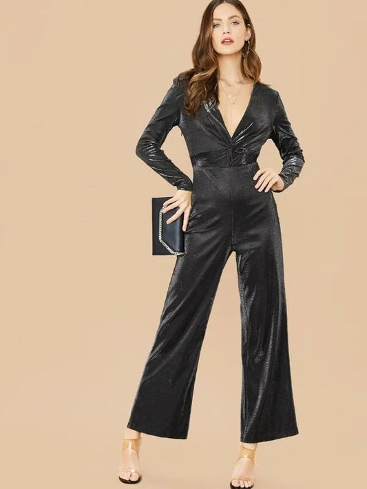 CM-JS112285 Women Elegant Seoul Style Plunge Neck Twist Front Wide Leg Glitter Jumpsuit - Black