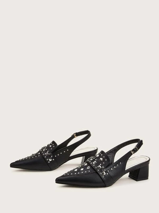 CM-SHS125359 Women Elegant Seoul Style Point Toe Studded Decor Chunky Heels - Black