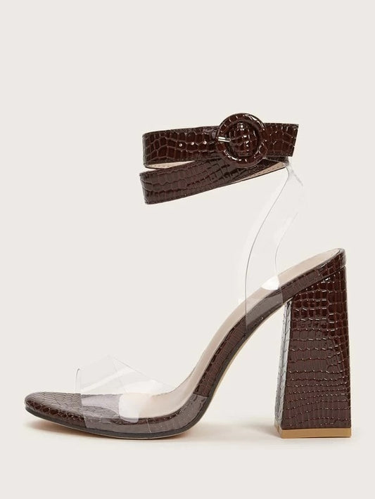 CM-SHS125127 Women Elegant Seoul Style Croc Embossed Open Toe Chunky Heels - Brown