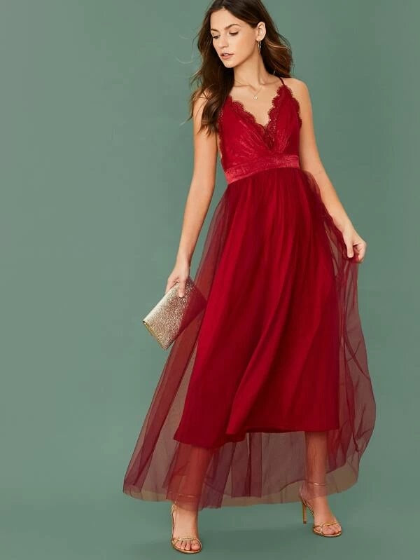 CM-DS025288 Women Elegant Seoul Style Lace Trim Crisscross Backless Mesh Overlay Dress - Red