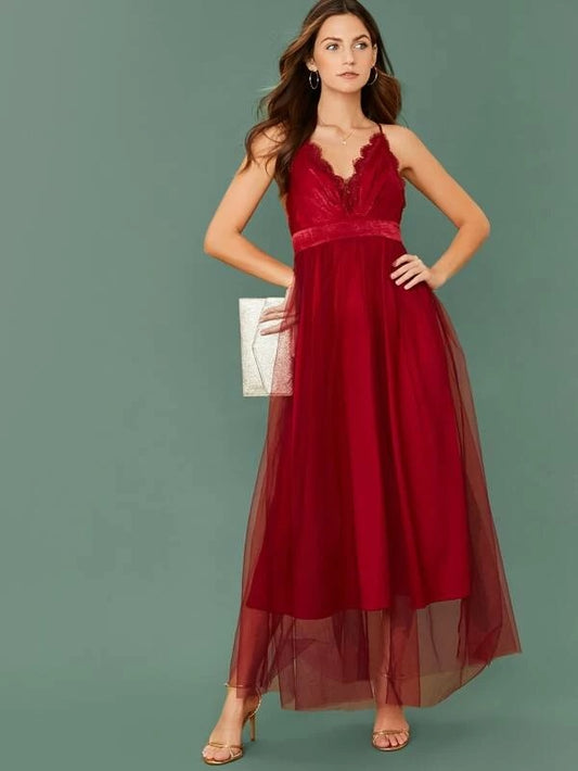 CM-DS025288 Women Elegant Seoul Style Lace Trim Crisscross Backless Mesh Overlay Dress - Red